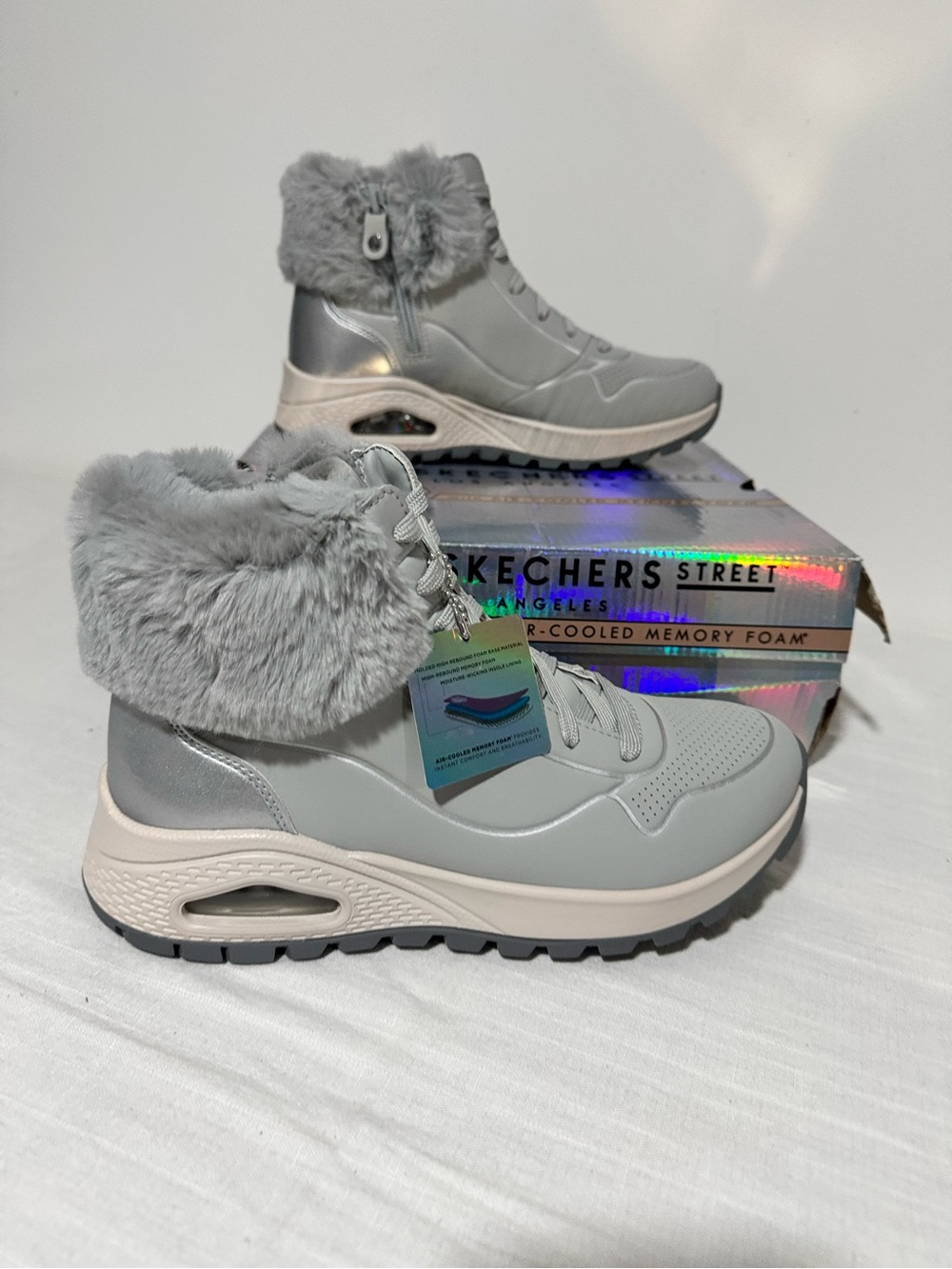 Skechers Light Grey Faux-Fur Lace-Up Winter Boot Sneakers
